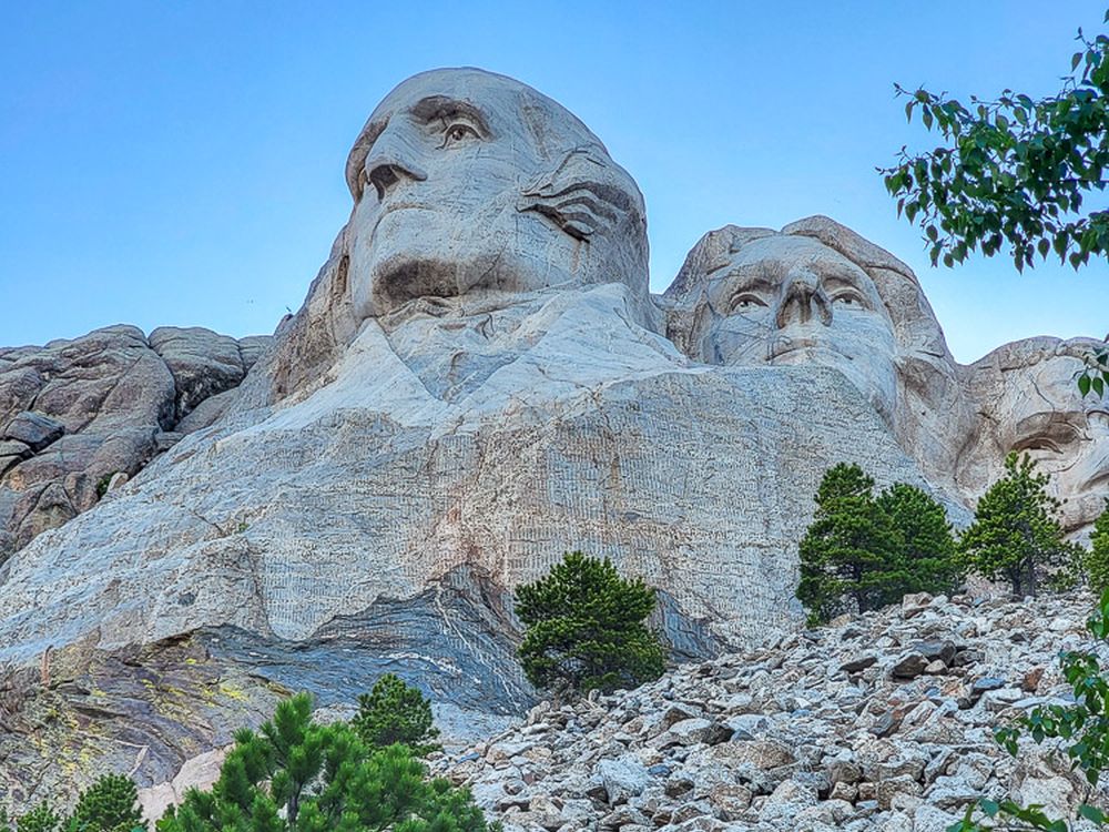 Seen from below: George Washington's face and a bit of Thomas Jefferson's as well.