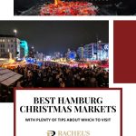 Text: Best Hamburg Christmas Markets with plenty of tips about which to visit (and the Rachel's Ruminations logo). Images: above, a large round barbeque covered with sausages; below, a view over a crowd with market stalls around it.