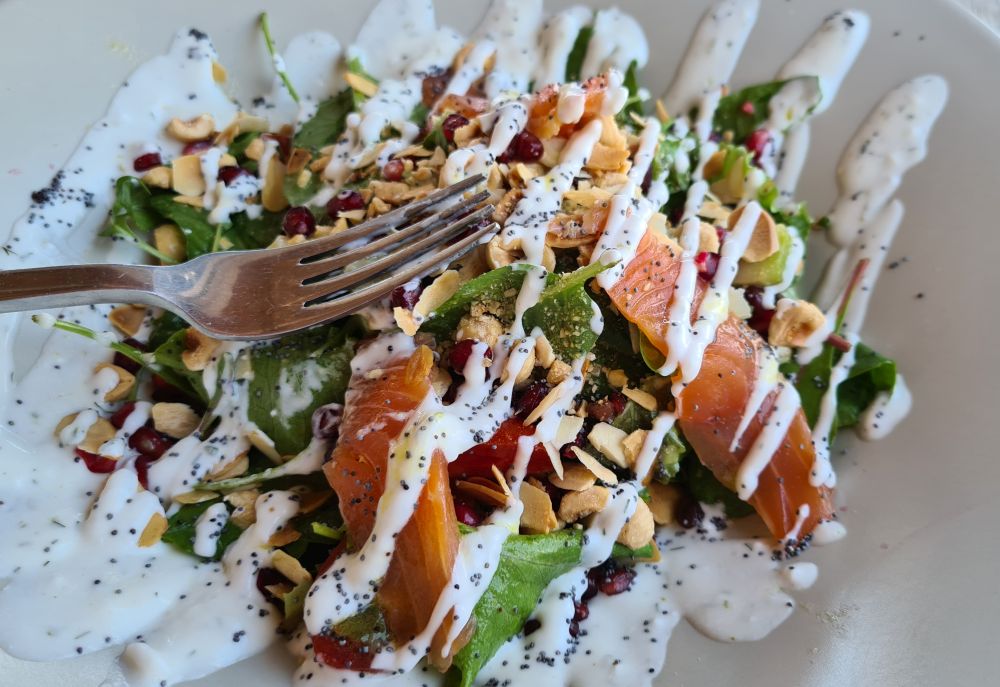 A salad with large pieces of salmon on it and neat stripes of a white dressing across it.