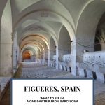 Text: Figueres, Spain: What to see in a one-day trip from Barcelona (and the Rachel's Ruminations logo). Image: view down the long hall of the stables at the fortress.