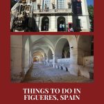 Text: Things to do in Figueres, Spain, on a day trip from Barcelona (and the Rachel's Ruminations logo). Images: above, the Dali Theatre-Museum; below, the long hall of the stable at the fortress.