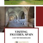 Text: Visiting Figueres, Spain: A day trip from Barcelona (and the Rachel's Ruminations logo). Images: above, the front view of the fortress; below, a view along the long hall of the stables in the fortress.