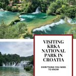 Text: Visiting Krka National Park in Croatia: Everything you need to know (and the Rachel's Ruminations logo). Images: above, a view of waterfalls feeding into a number of stepped pools; below, a waterfall.