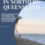 Text: Palm Cove in Northern Queensland: Use it as a base and see lots of beautiful sights from there - also includes where to stay and where to eat and drink (and the Rachel's Ruminations logo). Image: people strolling on a white-sand beach.