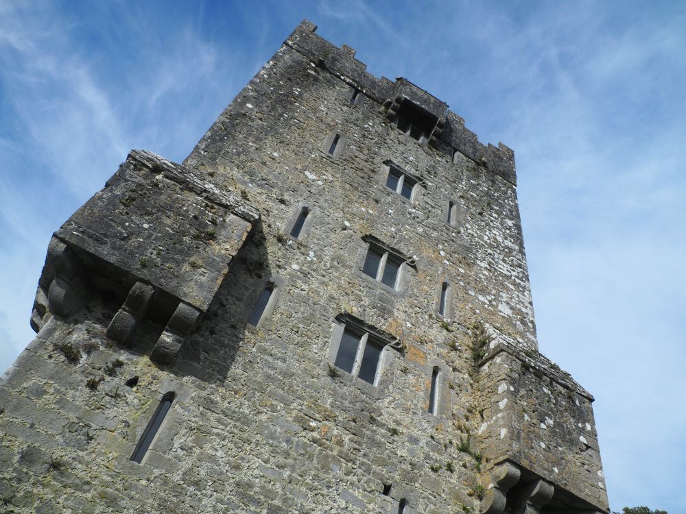 Looking up at a tall tower house from the ground: tall and rectangular except for the machicolations sticking out on the two corners and the center top.