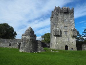 The tower house on the right, a small round guard tower on the left.