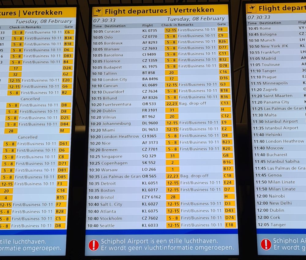 List of flights, destinations, gates, etc. in order of departure time.