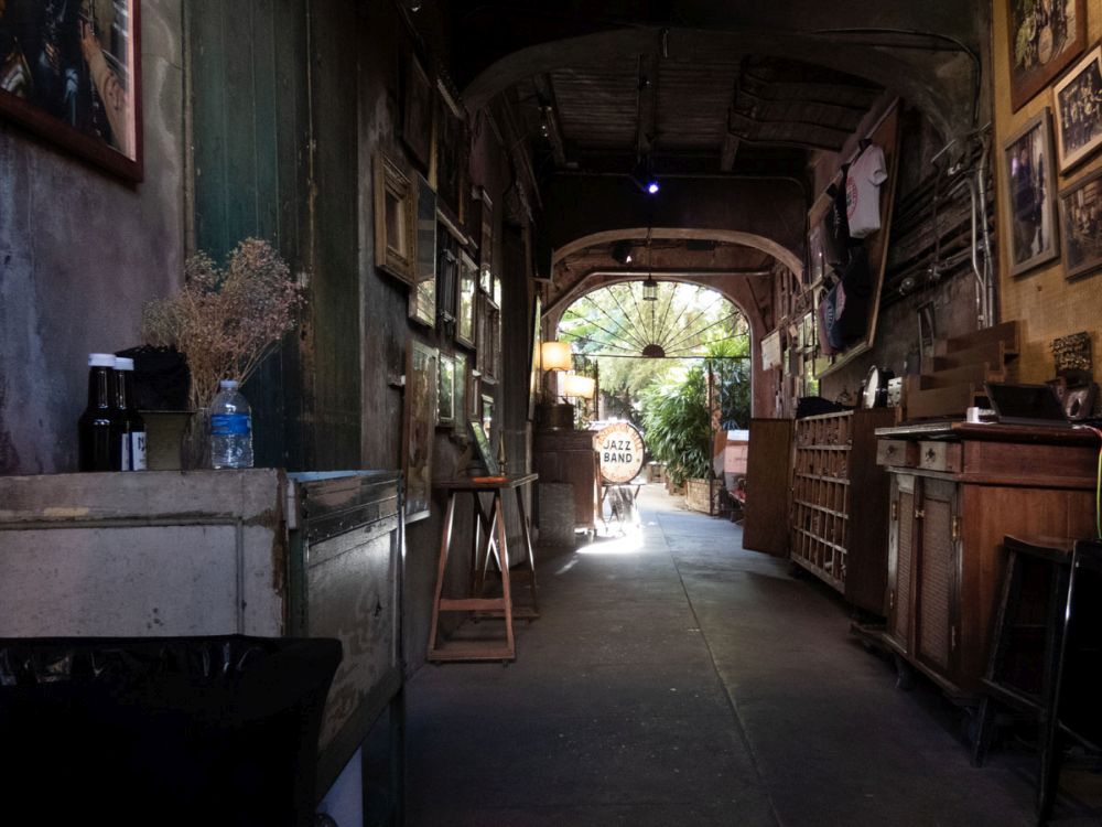 Looking through a covered passageway to an inner courtyard.