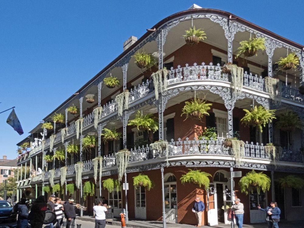 A corner building in New Orleans, 3 storeys, with lacy metal railings on balconies and plants hanging between each pillar.