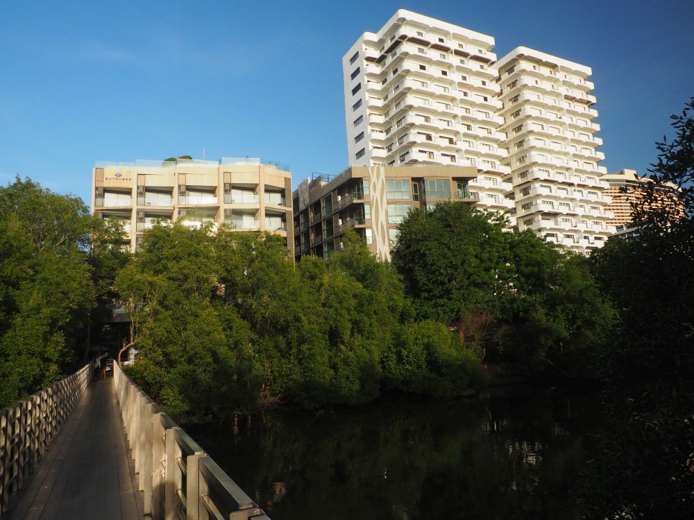 two low buildings partly visible above trees, one much taller building beside them.