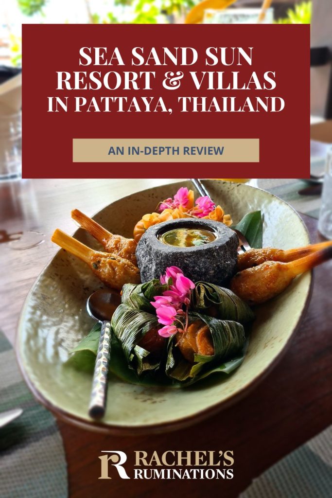 Text: Sea Sand Sun Resort & Villas in Pattaya, Thailand: An in-depth review. Image: small appetizers artfully arranged on a plate.