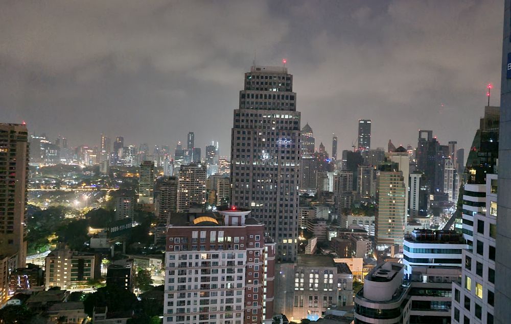 A view after sunset of the city and its lights.