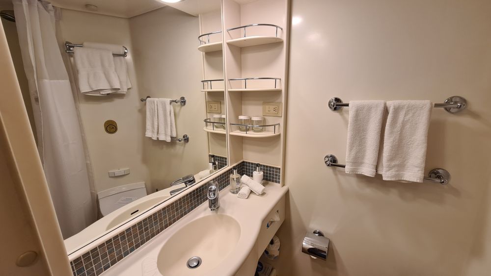 A sink with a mirror above it and a couple of shelves to its right.