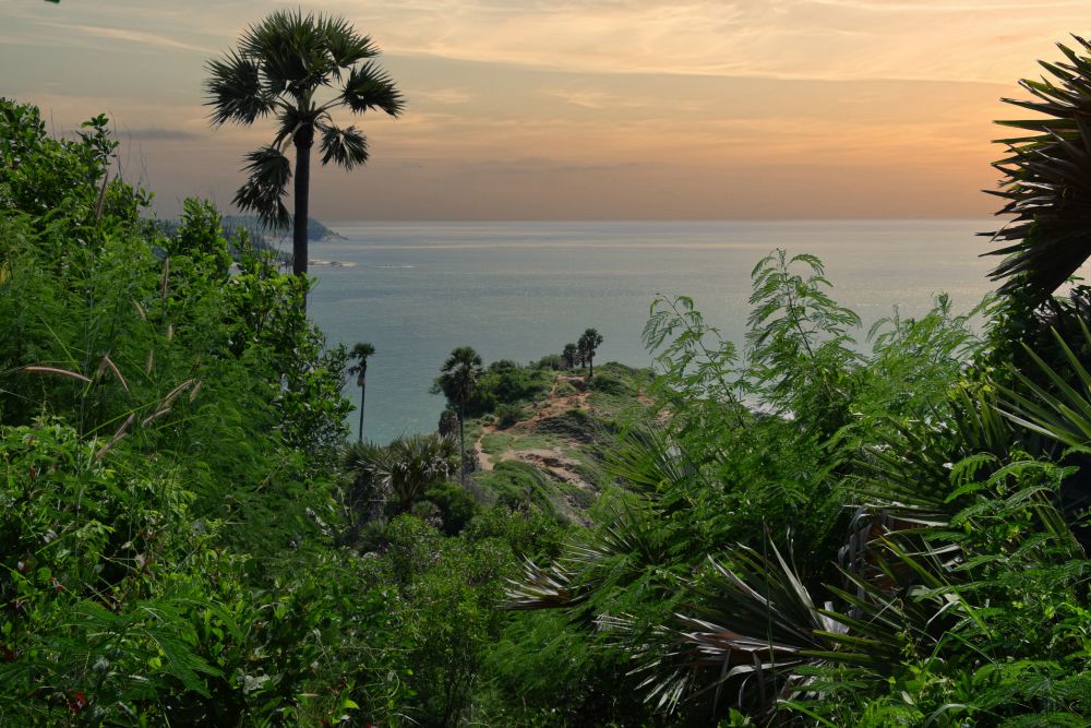 A view from up high at the sea after the sun is below the horizon: orange sky.