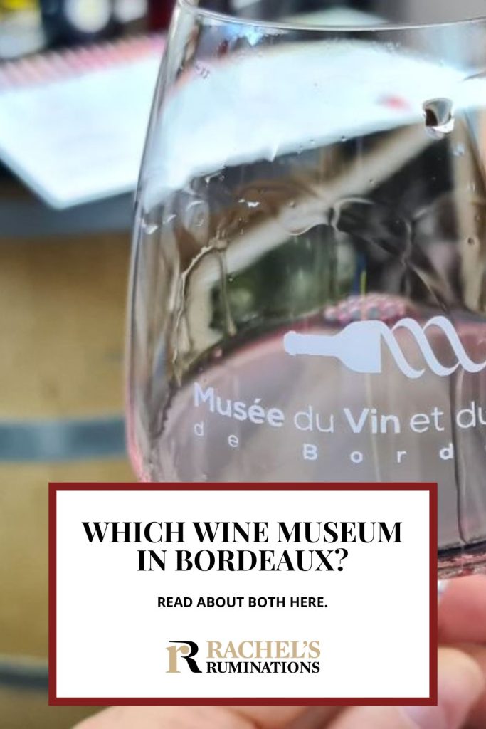 Text: Which wine museum in Bordeaux? Read about both here. Image: a glass of red wine.