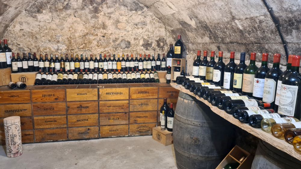 Lots of bottles of wine lined up at the end of the wine cellar and along the side.