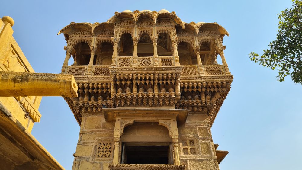 A tower on the haveli, ornately carved.