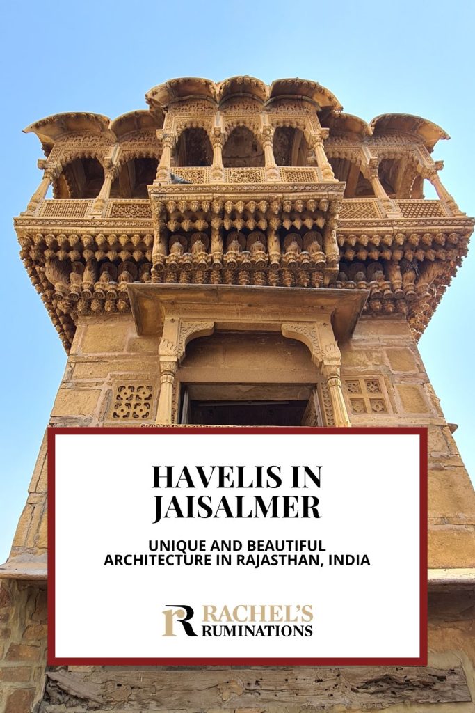 Text: Havelis in Jaisalmer: Unique and beautiful architecture in Rajasthan, India. Image: The tower on Salim Singh haveli.