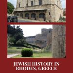 Text: Jewish history in Rhodes, Greece with a Guide Me in Greece Walking Tour. Images: above, an old stone building that was a rabbinical college, and below, a view of the city moat.