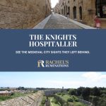Text: The Knights Hospitaller. See the medieval city sights they left behind. Images: above, the Street of the Knights; below, a view along the city wall and moat.