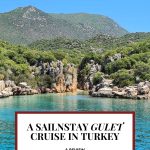 Text: A Sailnstay gulet cruise in Turkey: A review. Image: a pretty little cove and very blue water.