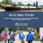 Text: Boat Bike tours: Advice on what to expect and what to pack, based on the five tours I've taken. Images: above, a ship; below, bicyclists.