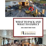 Text: What to pack and what to expect on a Boat Bike Tour. Images: above, the deck of the ship; below, the interior of the ship.