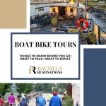 Text: Boat Bike Tours: things to know before you go: what to pack / what to expect. Images: above, the deck of the ship; below, a group of cyclists.