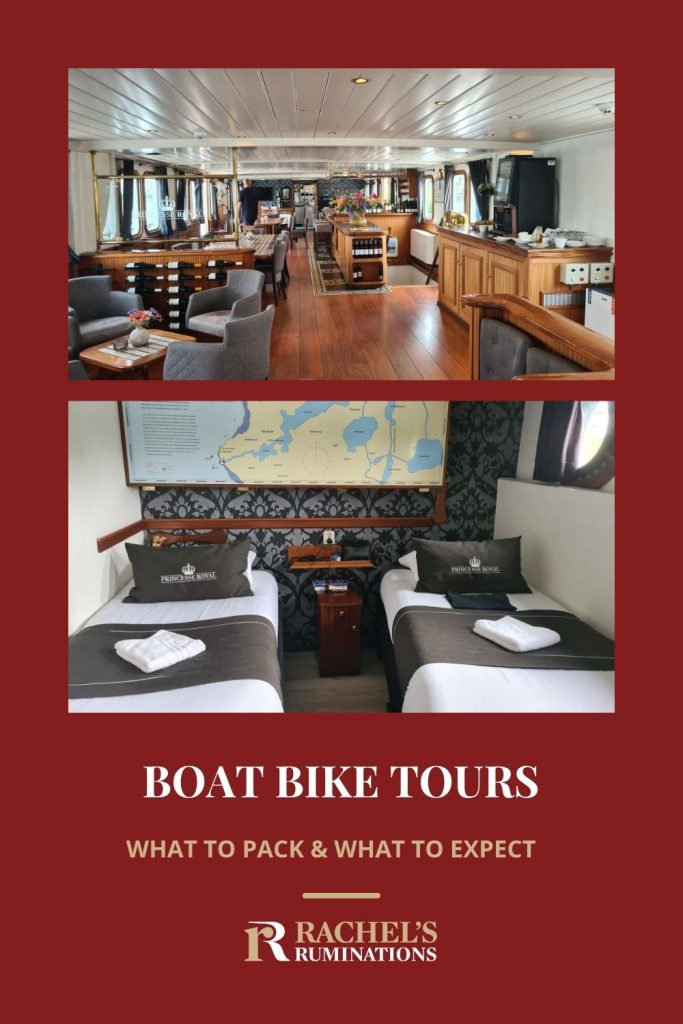 Text: Boat Bike Tours: What to pack and what to expect. Images: above, the interior of the ship; below, a cabin.
