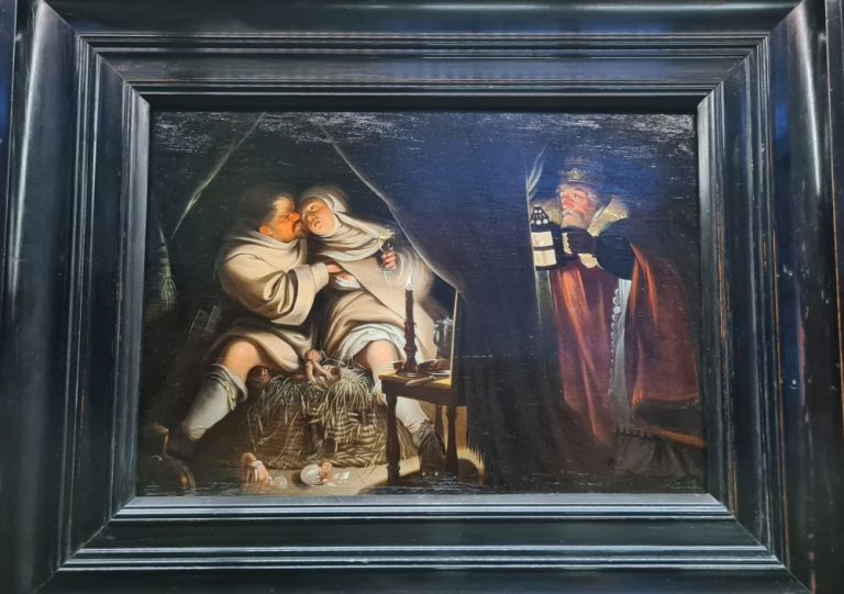 A monk and nun embrace passionately - a bit of her breast is revealed. Another man peeks at them, holding a lantern.