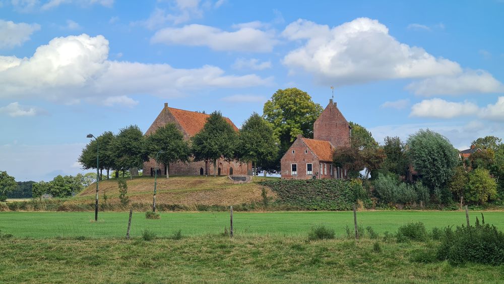 A view across a green field to a small hill (wierde) with a church and church tower peeking out from behind trees.