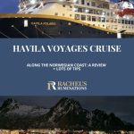 Text: Havila Voyages cruise along the Norwegian coast: A review + lots of tips. Photos: a view of the ship and a view of a coastal town at night.