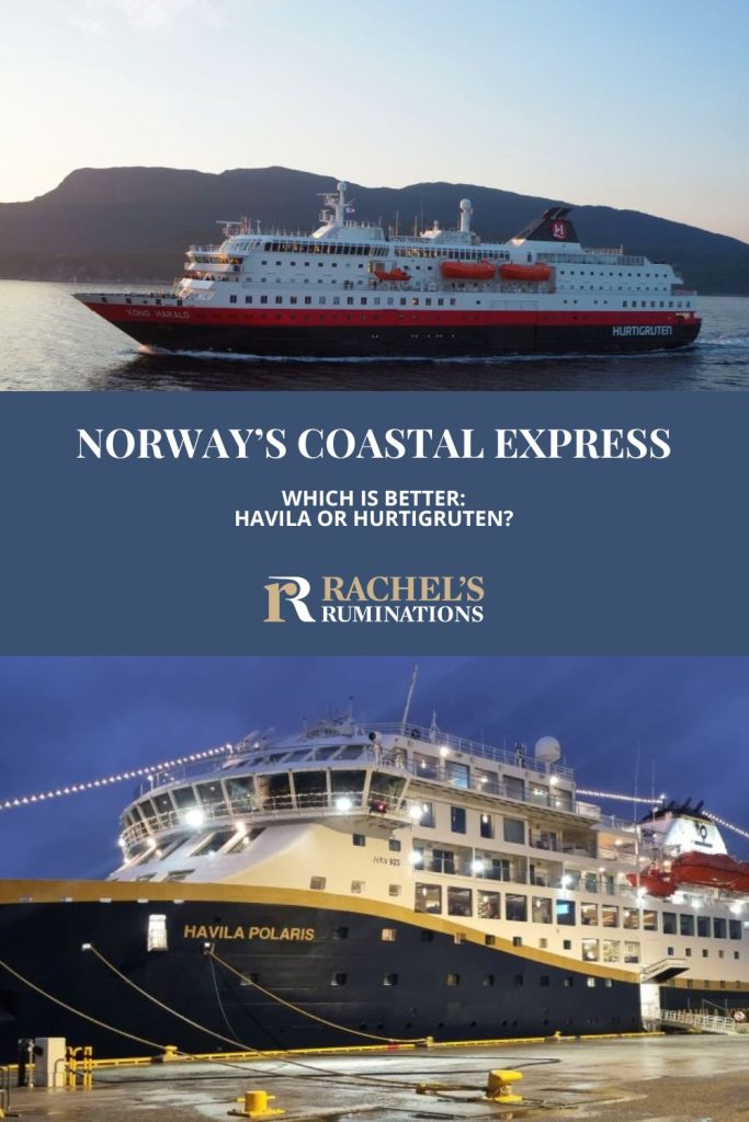 Text: Norway's Coastal Express. Which is better: Havila or Hurtigruten? Images: two ships, one from each company.