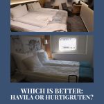 Text: Which is better: Havila or Hurtigruten: A direct comparison of the two companies running the Norway coastal express cruises. Images: 2 cabins, 1 from each ship.