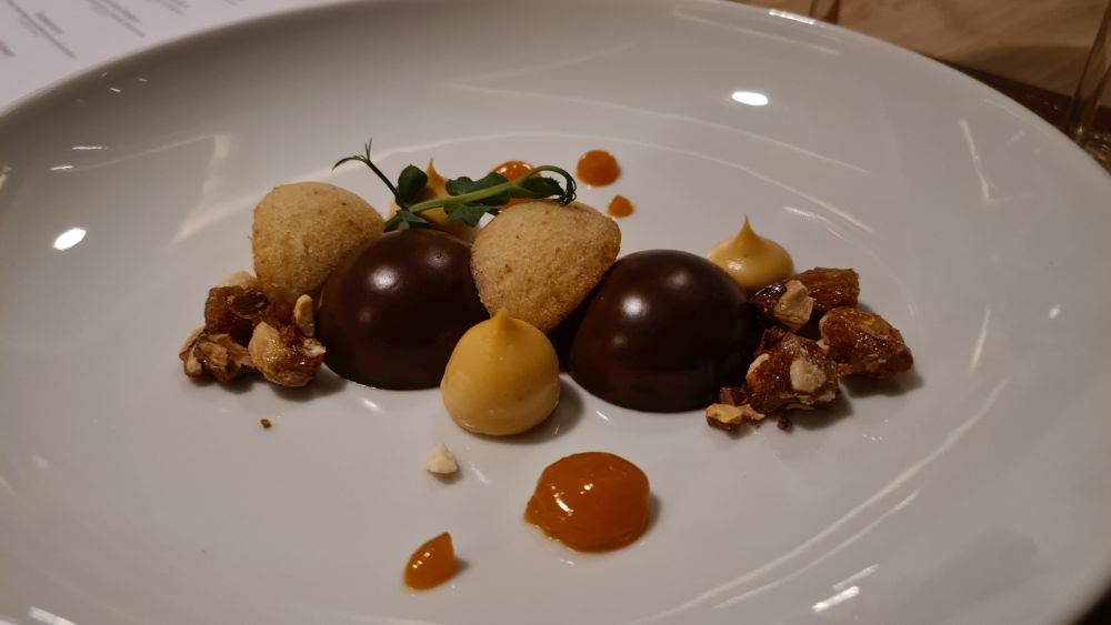 Balls of chocolate, some pieces of cake, nuts and sauce artfully piled in the center of a plate.
