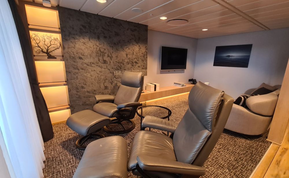 Two comfy-looking loungers, a full-size sofa, a fireplace and a tv next to the fireplace, all in subdued grey and wood tones.