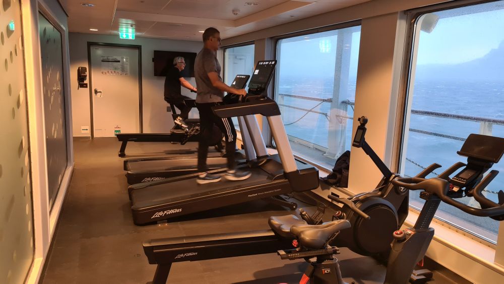 A long narrow room with big windows on one side and a row of gym equipment: exercise bike, treadmill, etc. Two men using two of the machines.