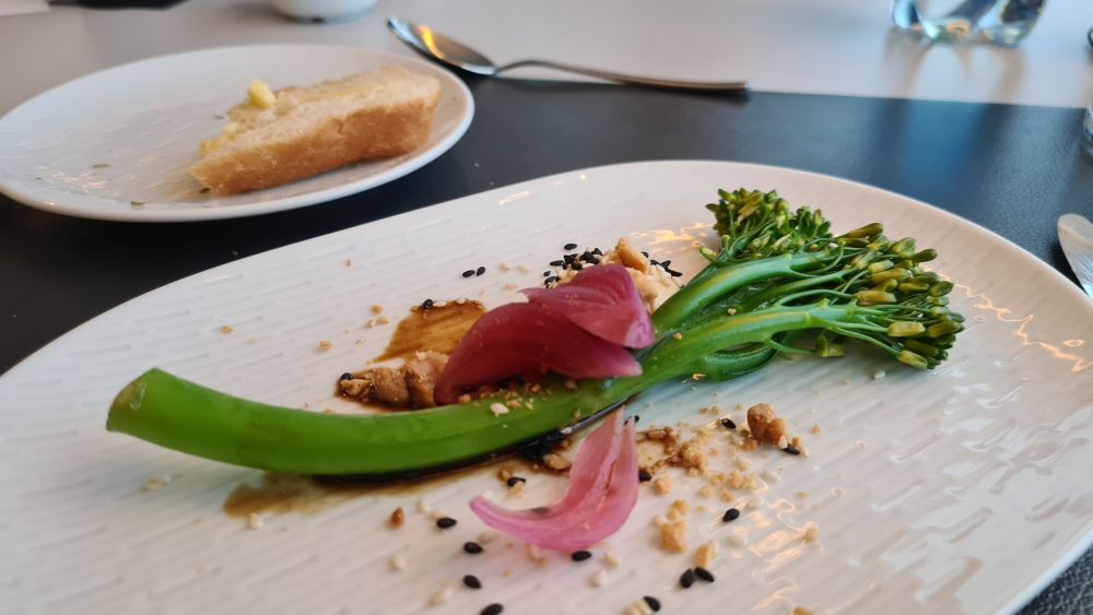 A long stalk of broccolini and a sprinkling of other ingredients.