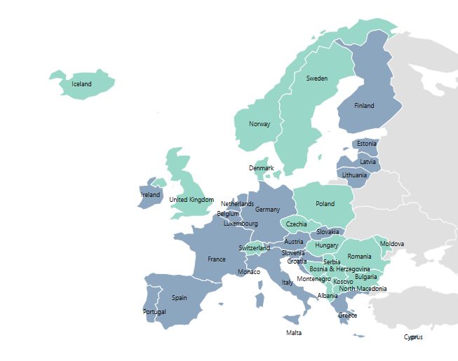 Map of Europe, with some countries colored blue and the rest green.