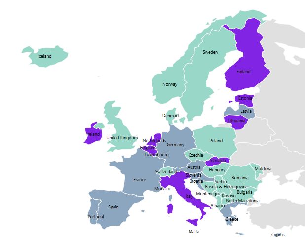 Eurozone countries are in blue or purple, while the ones that use other currency (Finland, Estonia, Lithuania, Slovakia, Italy, Malta, The Netherlands, Belgium, Luxembourg and Ireland) are in green.