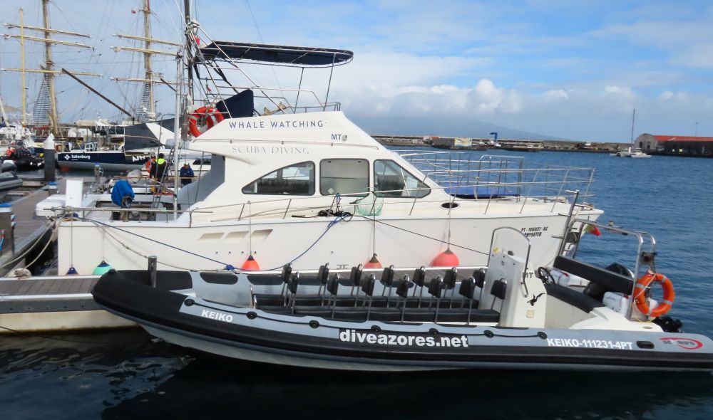 In front, a rib boat with filled with padded seats. Behind, a larger white boat, the Physeter.