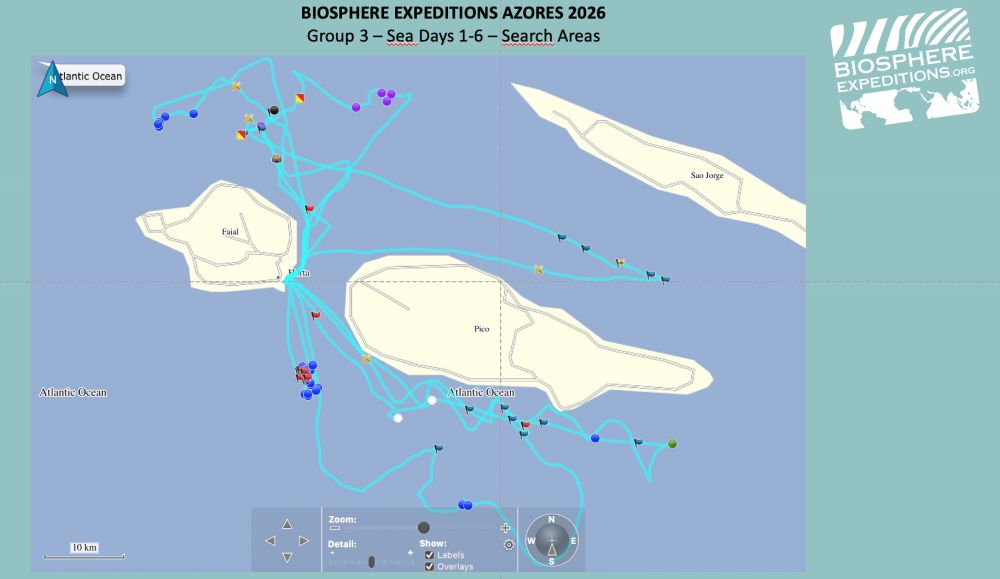 The map shows 3 islands with lines on the water showing our route. Logo of Biosphere Expeditions.