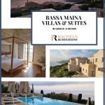Text: Bassa Maina Villas & Suites in Greece: A review. Images: the sunset, a bedroom, a view of the villas, the pool.