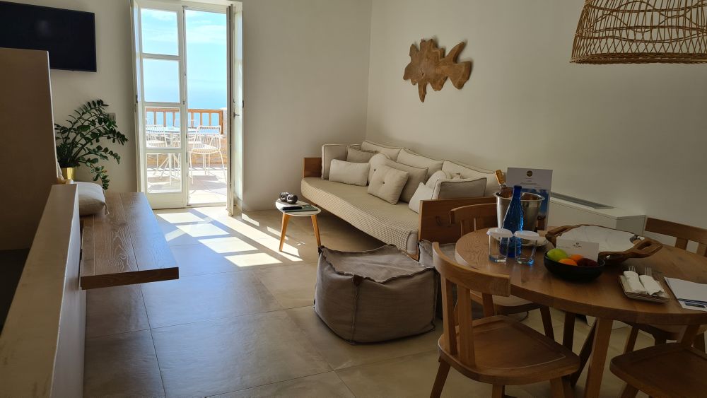 A long room, light coming from the French doors at the far end. furniture and decor all in light sand colors and wood.