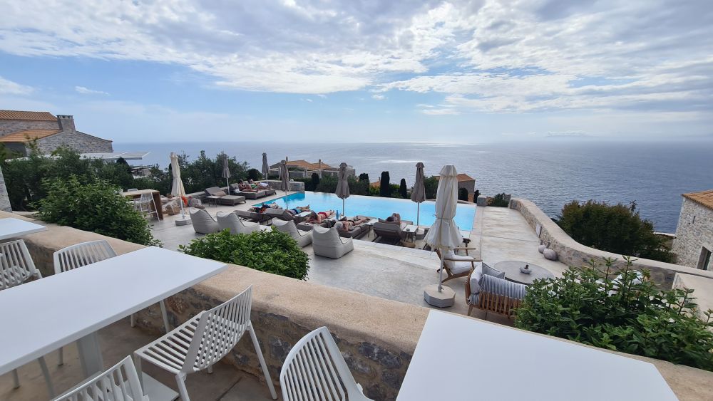 View over the pool area and out to sea.