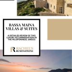 Text: Bassa Maina Villas & Suites. A detailed review of this luxury accommodation in the Peloponnese, Greece. Images: above, a view of some of the villas; below, the sunset over the sea.