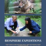 Text: Biosphere Expeditions: They have a 40% return rate: Why do people keep coming back? Images: above, a wolf; below, two people crouching on a dirt road.