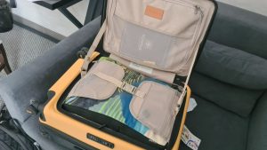 The open bag, now with the strap across the middle fastened.