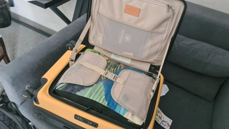 The open bag, now with the strap across the middle fastened.