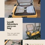 Text: Level8 Adventure carry-on bag. Pros, cons, and what makes it different. Images: 3 views of the suitcase.